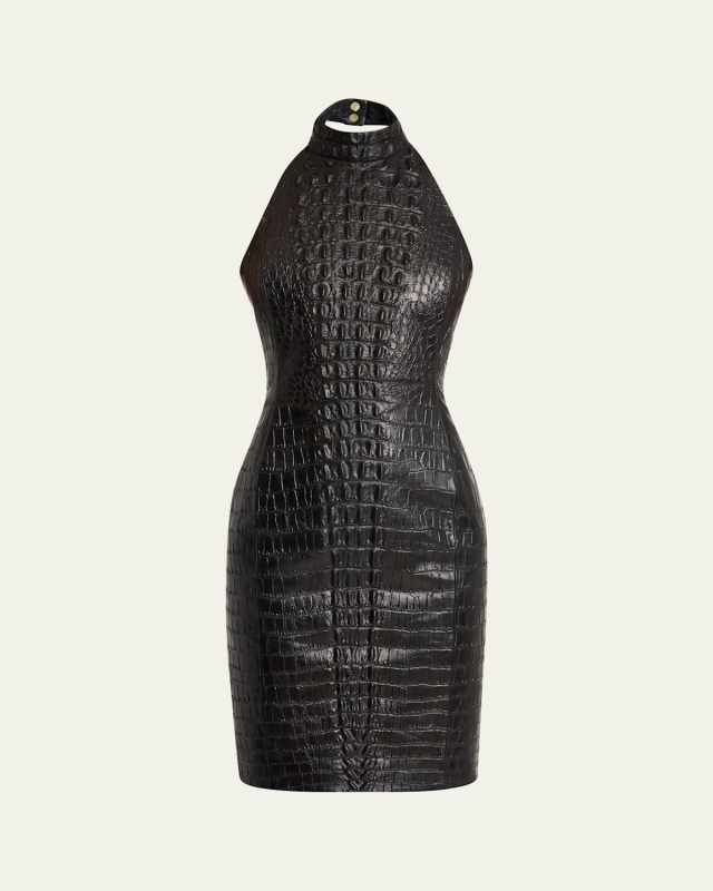 Croc-Embossed Leather Halter Dress